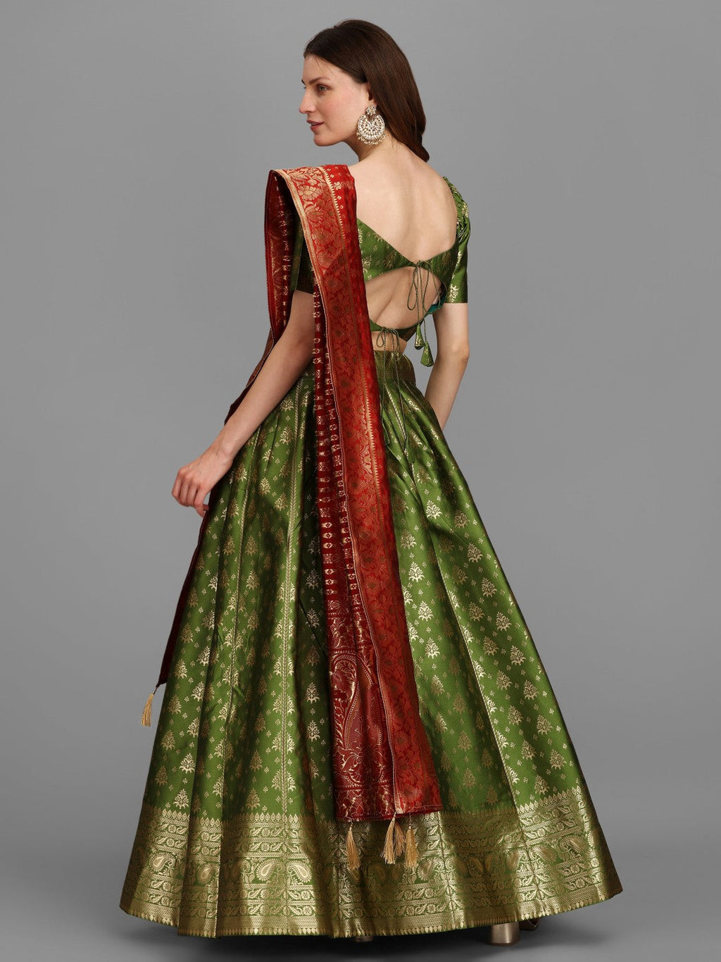 Mahendi Brocade Lehenga Set with Unstitched Blouse and Dupatta
