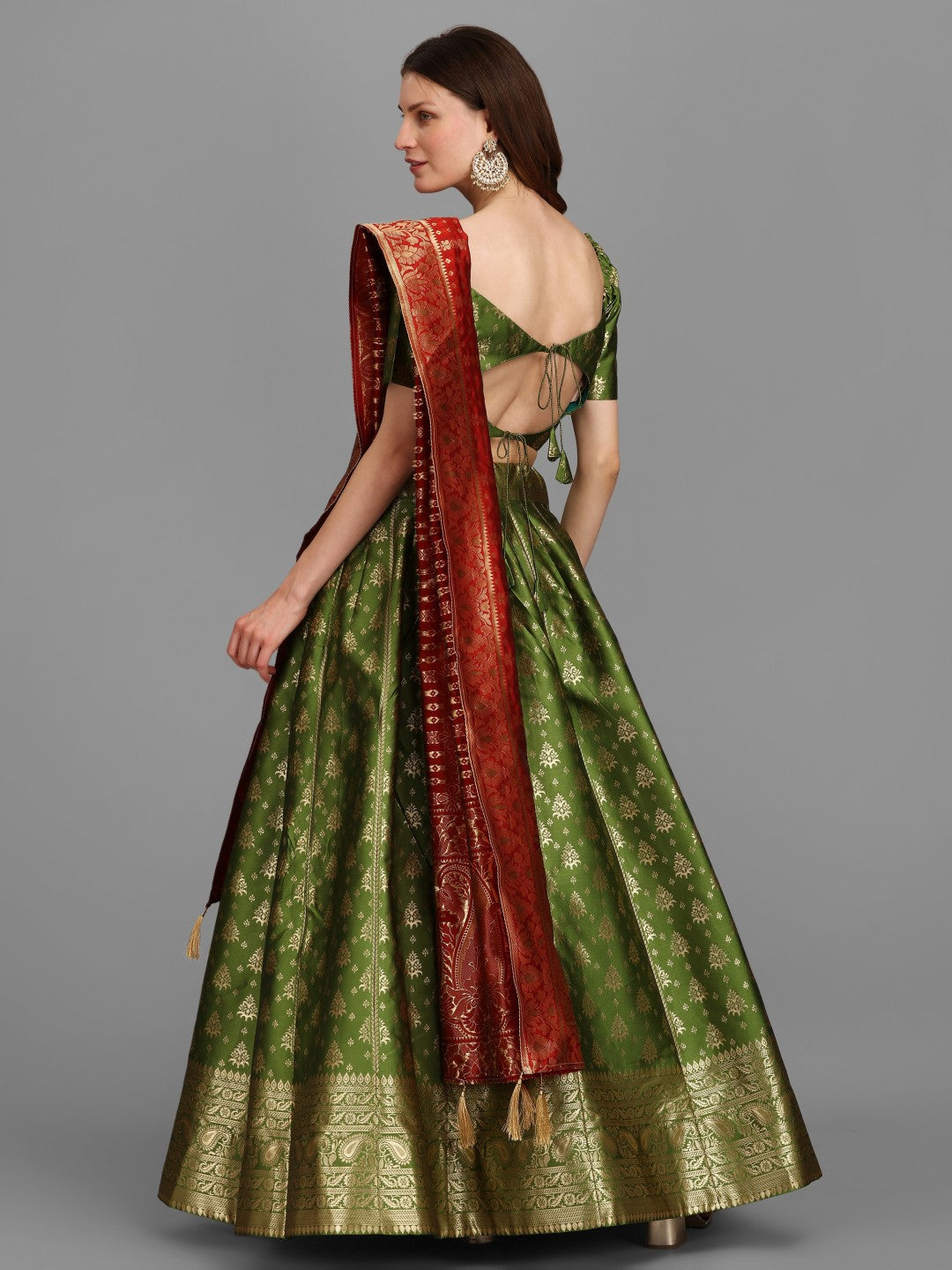 Mahendi Brocade Lehenga Set with Unstitched Blouse and Dupatta