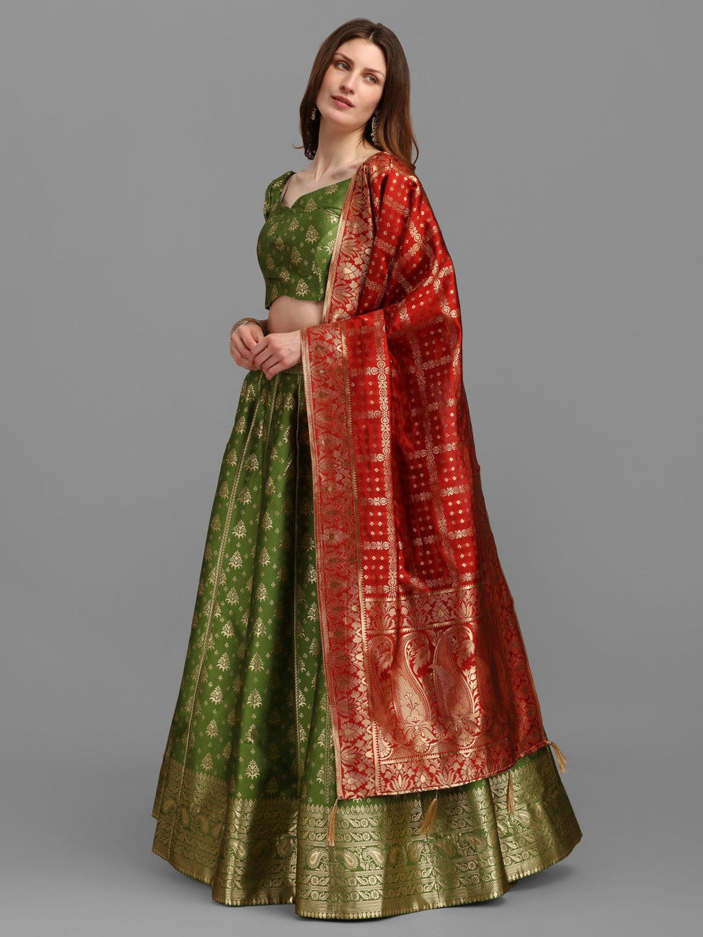 Mahendi Brocade Lehenga Set with Unstitched Blouse and Dupatta