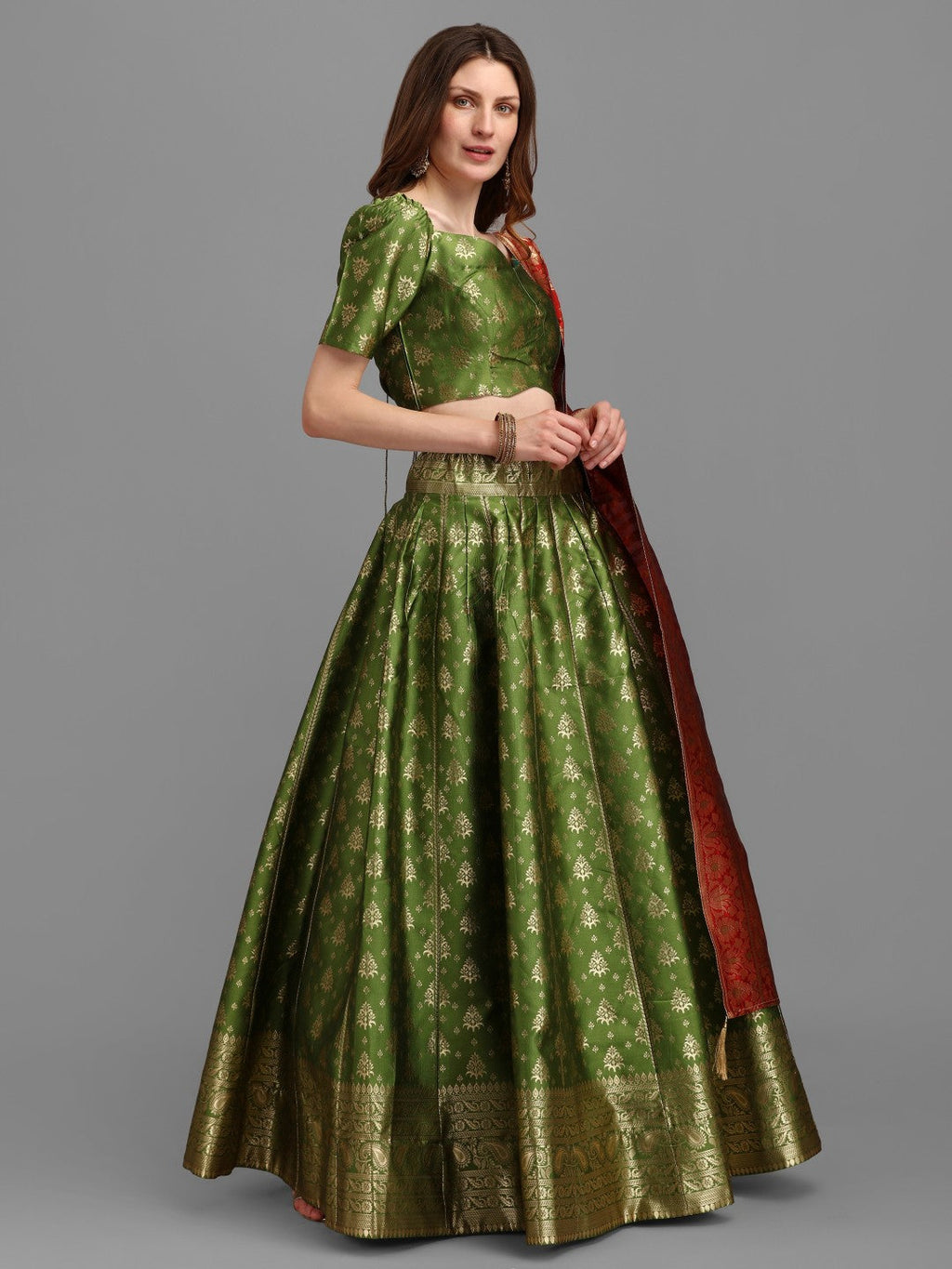 Mahendi Brocade Lehenga Set with Unstitched Blouse and Dupatta