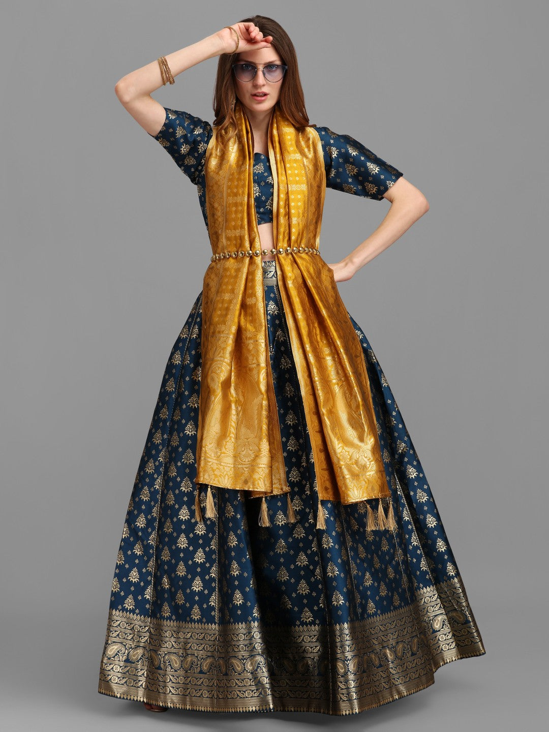 Rama brocade jacquard lehenga set with pure silk unstitched blouse and Banarasi silk dupatta
