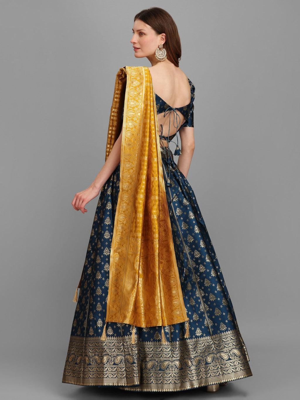 Rama Brocade Lehenga Set with Pure Silk Unstitched Blouse & Dupatta