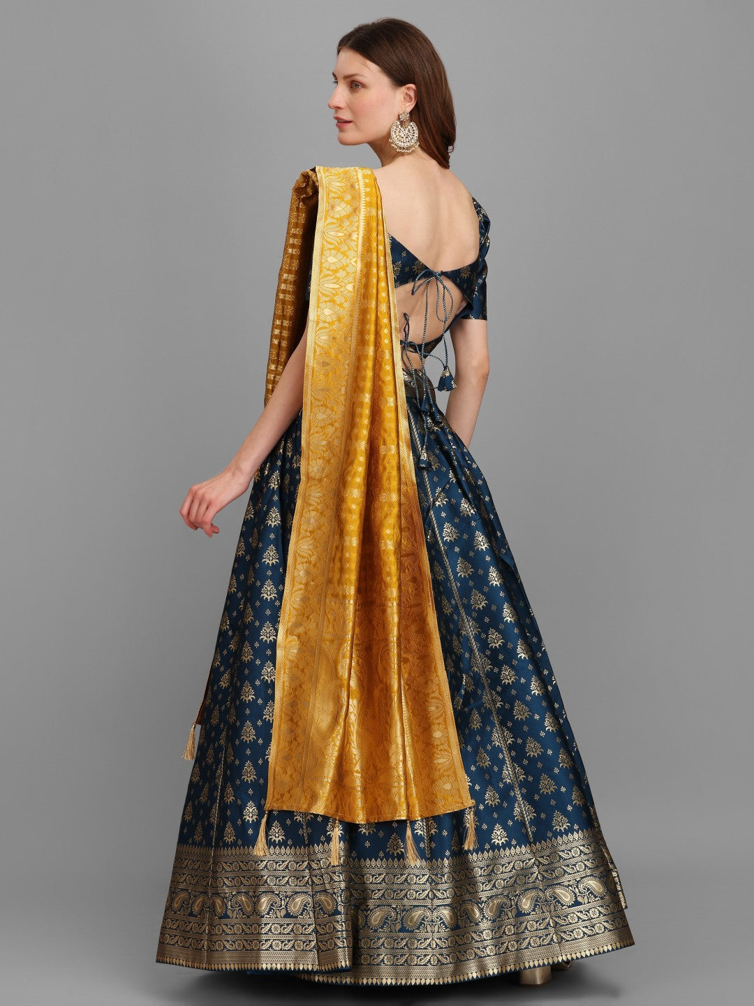 Rama Brocade Lehenga Set with Pure Silk Unstitched Blouse & Dupatta