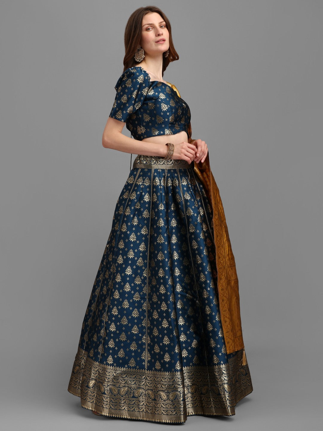 Rama Brocade Lehenga Set with Pure Silk Unstitched Blouse & Dupatta