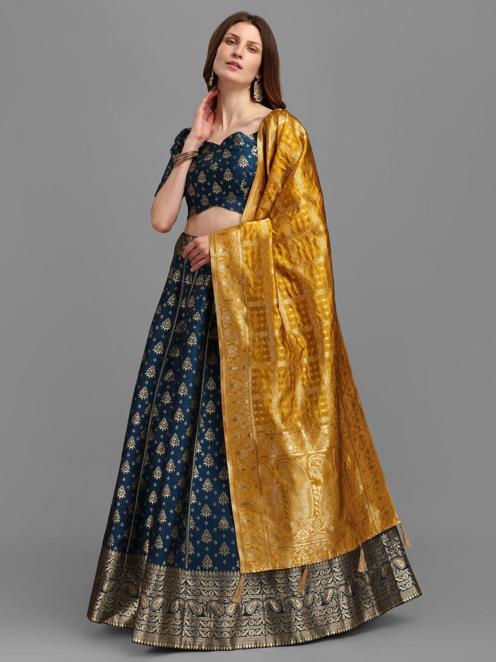 Rama Brocade Lehenga Set with Pure Silk Unstitched Blouse & Dupatta