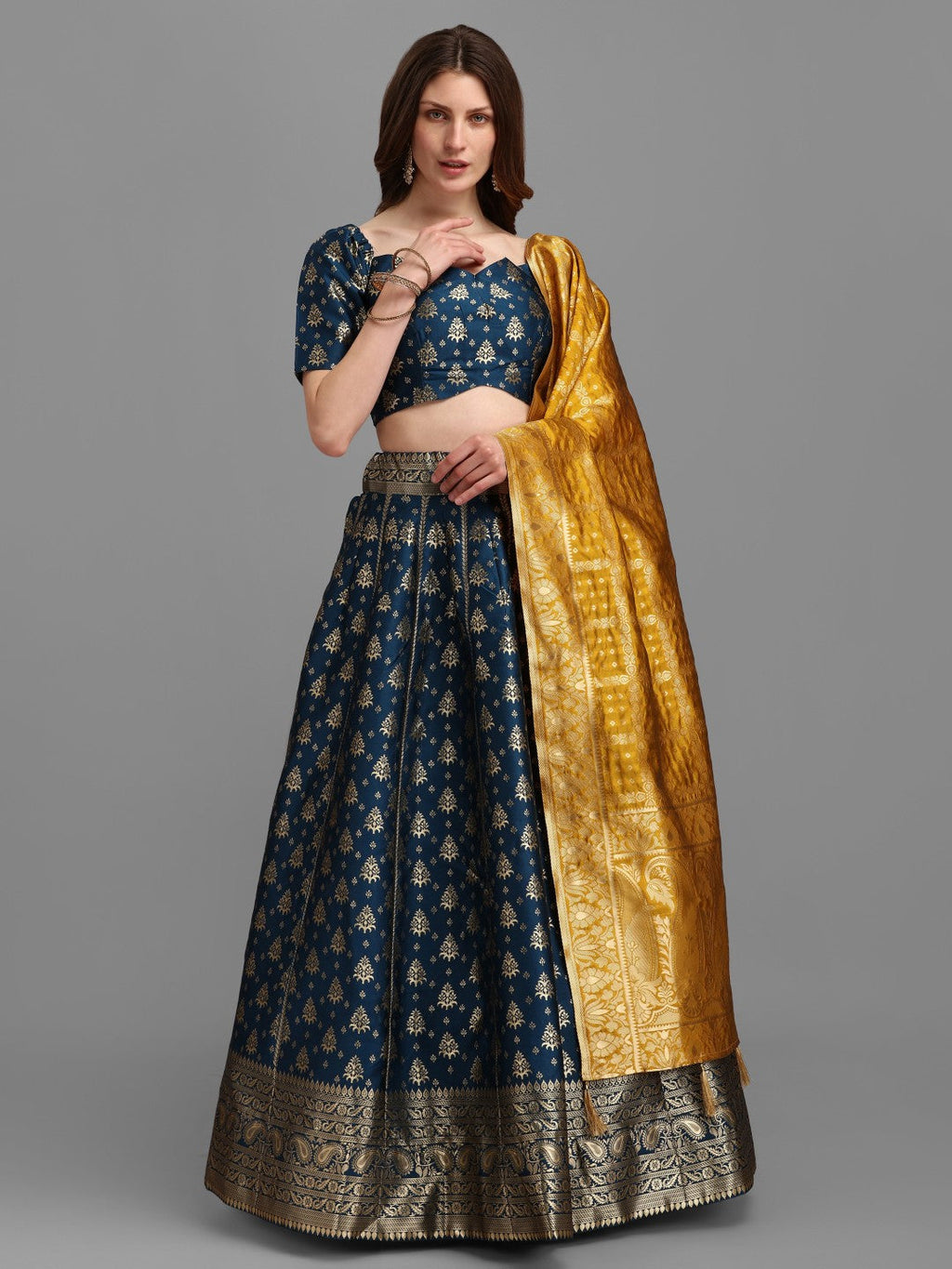 Rama Brocade Lehenga Set with Pure Silk Unstitched Blouse & Dupatta