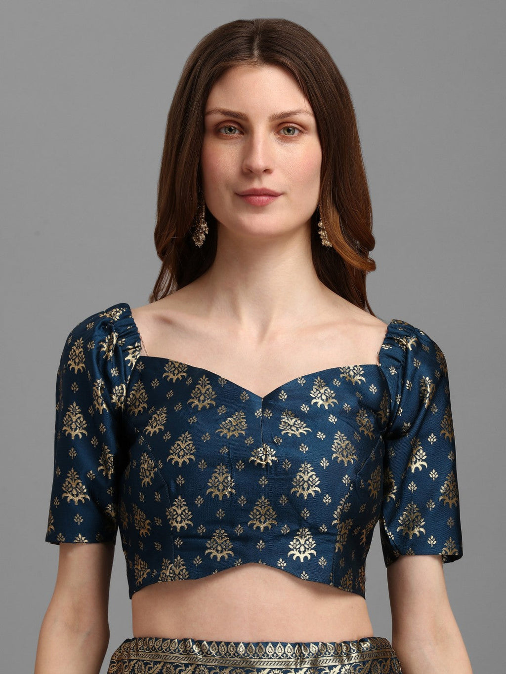 Rama Brocade Lehenga Set with Pure Silk Unstitched Blouse & Dupatta