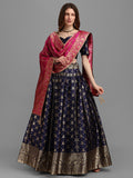 Deep blue brocade jacquard lehenga set with unstitched blouse and matching dupatta