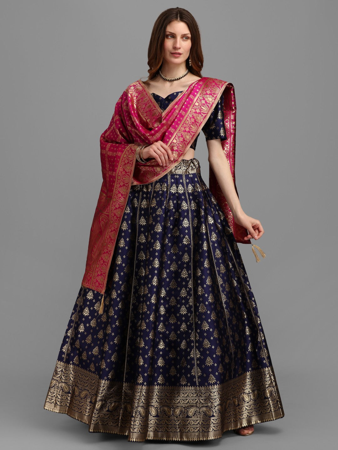 Deep blue brocade jacquard lehenga set with unstitched blouse and matching dupatta