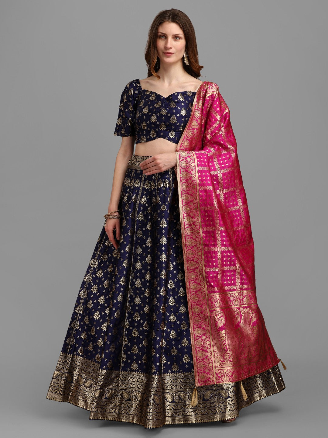 Blue Brocade Jacquard Lehenga Set with Unstitched Blouse