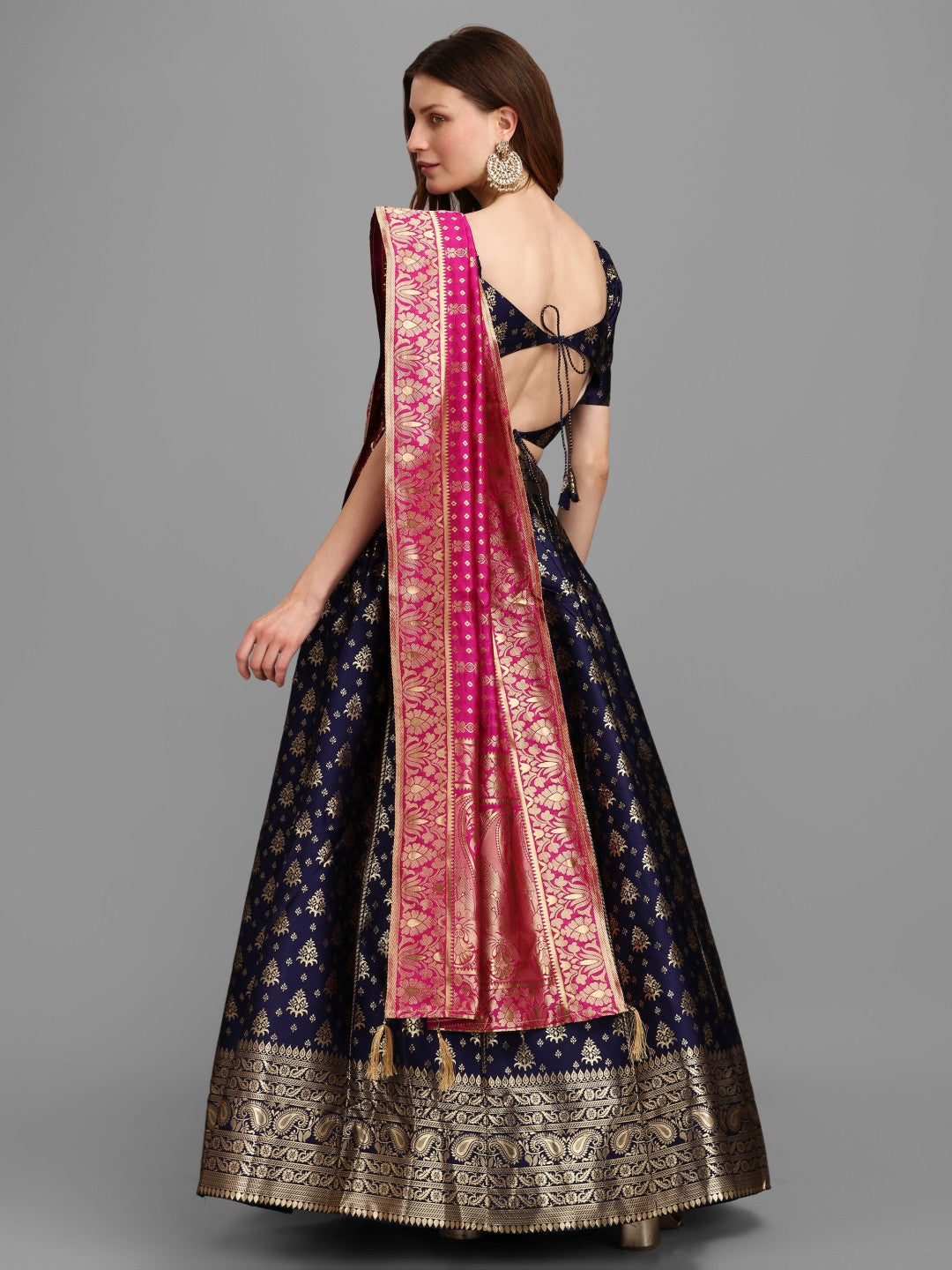 Blue Brocade Jacquard Lehenga Set with Unstitched Blouse