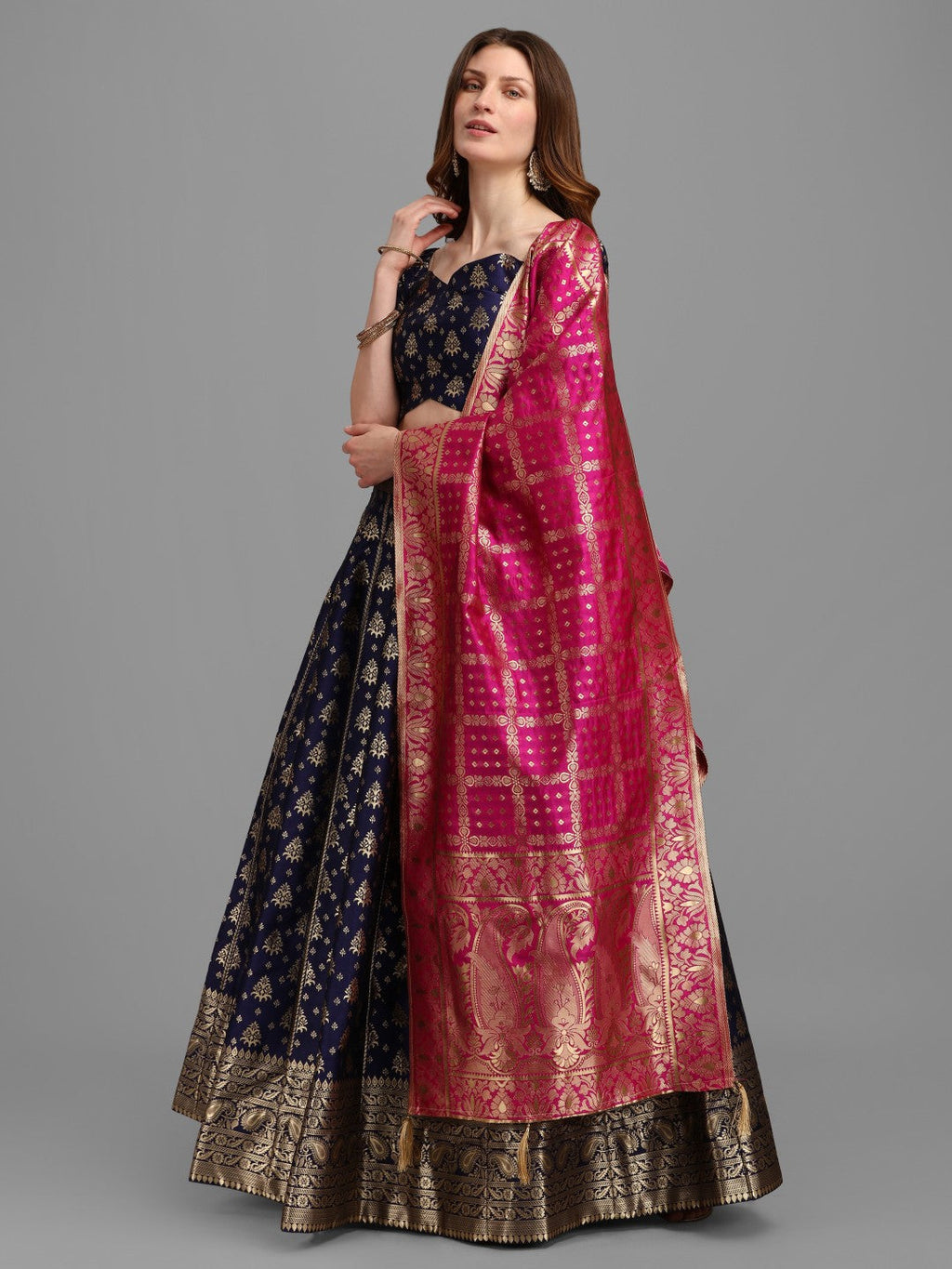 Blue Brocade Jacquard Lehenga Set with Unstitched Blouse