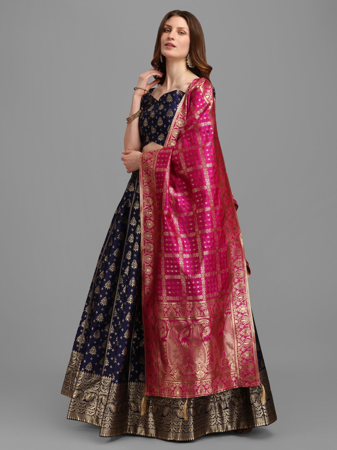 Blue Brocade Jacquard Lehenga Set with Unstitched Blouse