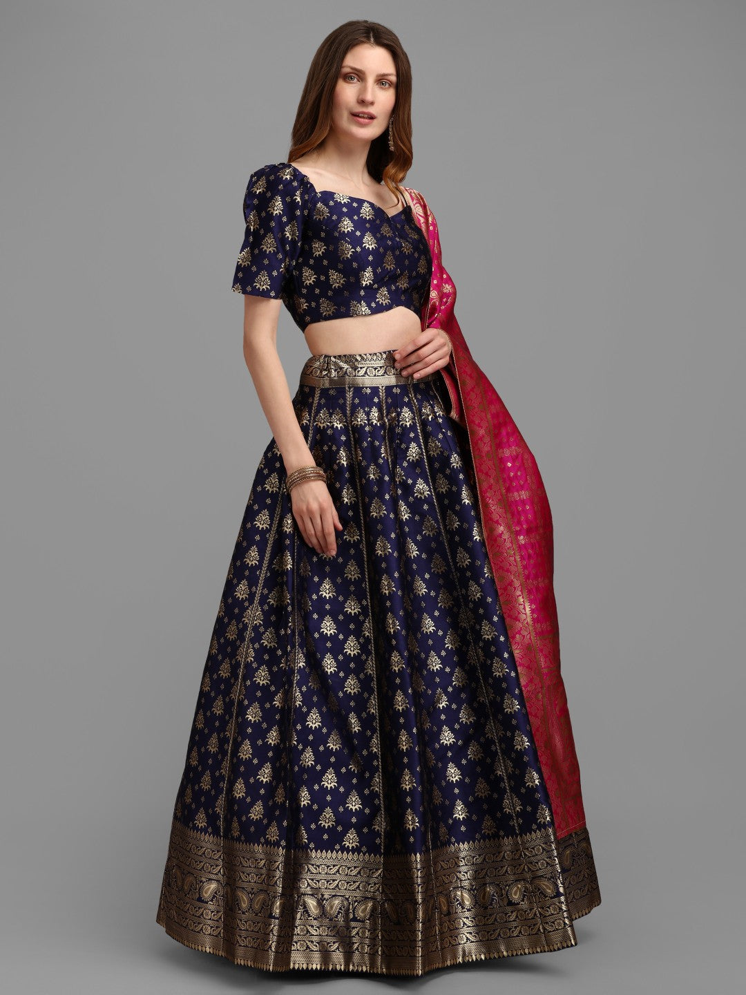 Blue Brocade Jacquard Lehenga Set with Unstitched Blouse