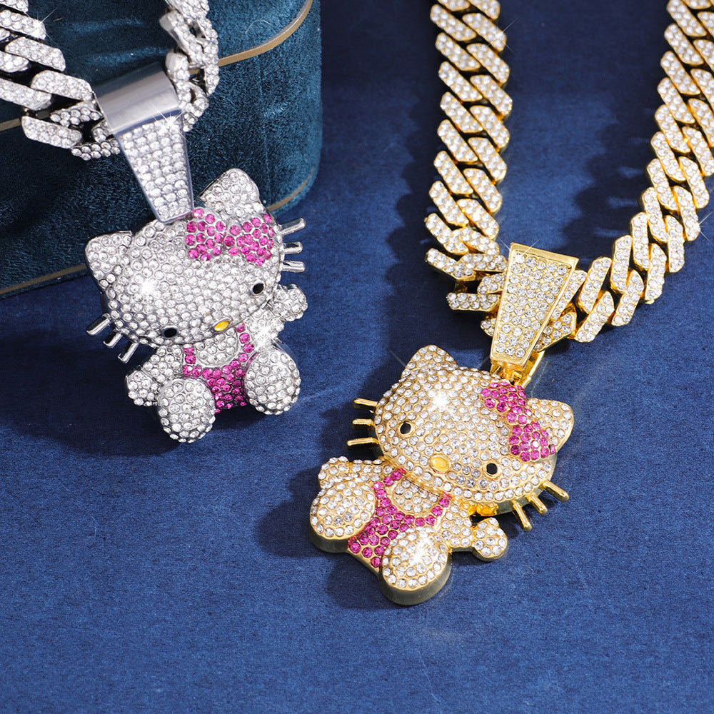 3D Animal Cat Pendant Zinc Alloy Full Diamond Enamel Hip-Hop Style Cuban Chain Necklace Lion Necklace