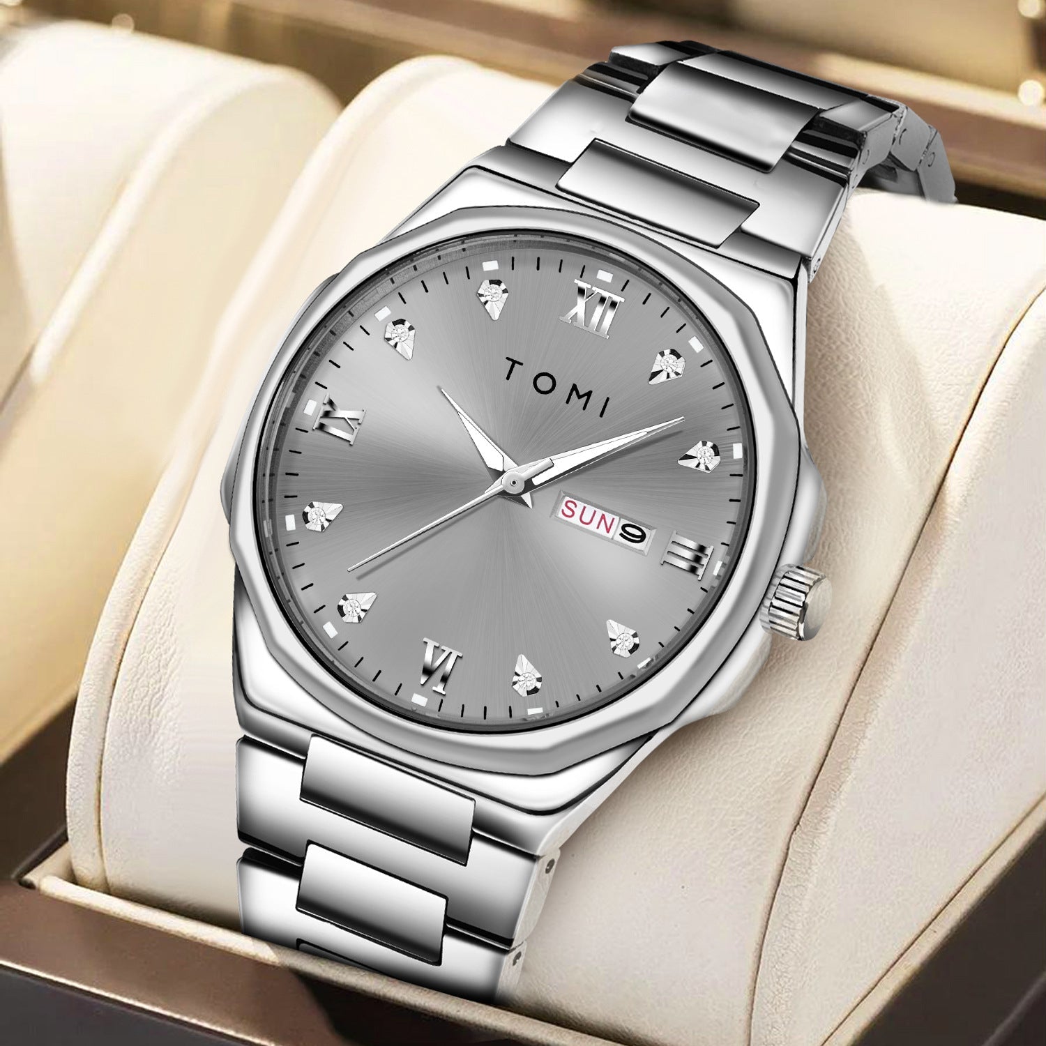 Simple Diamond Encrusted Quartz Watch with Stainless Steel Strap