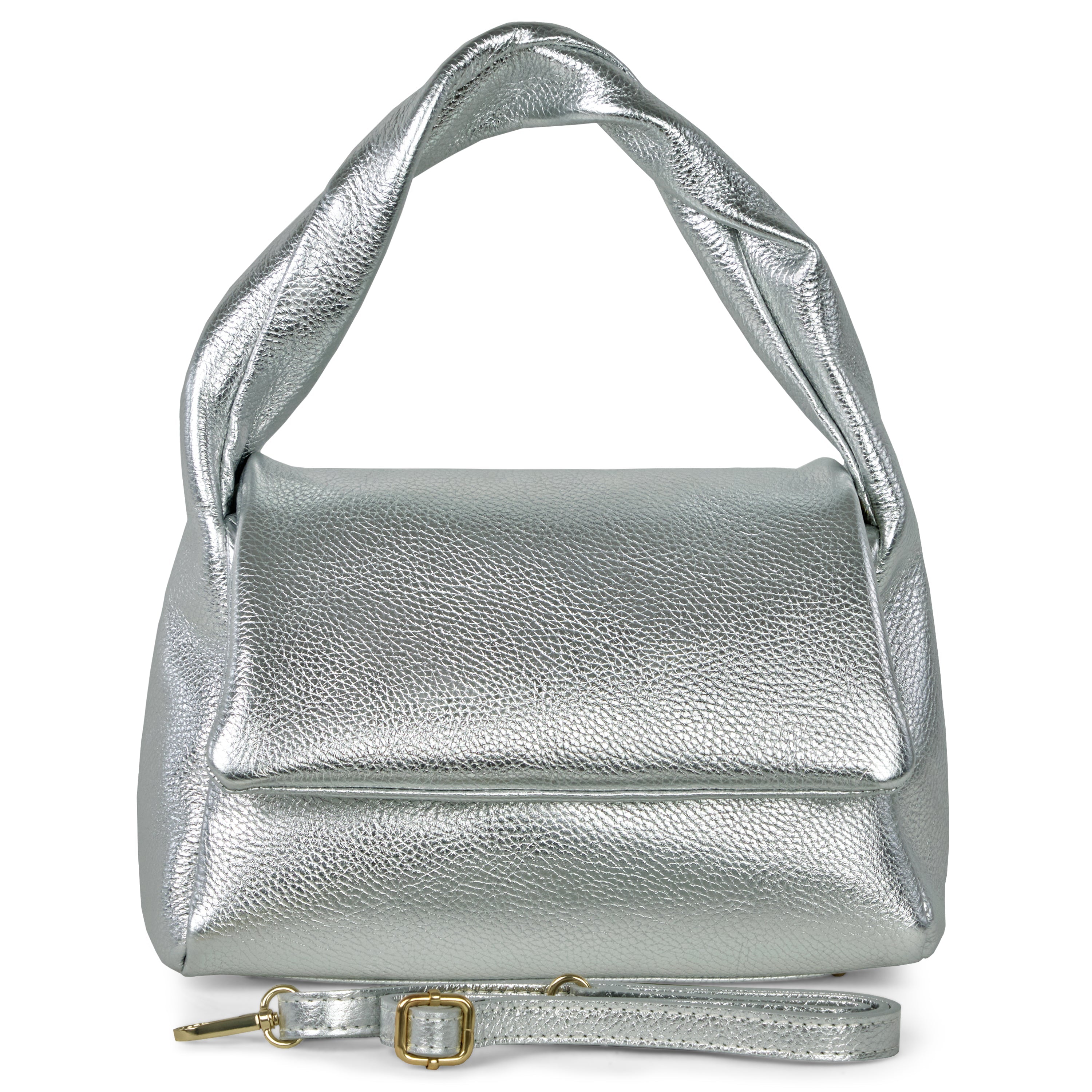 Structured silver metallic calf leather top-handle bag with magnetic flap