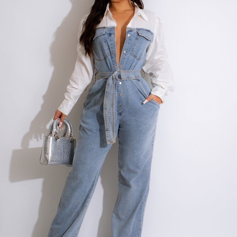 Plus Size Casual Denim Stitching Jumpsuit