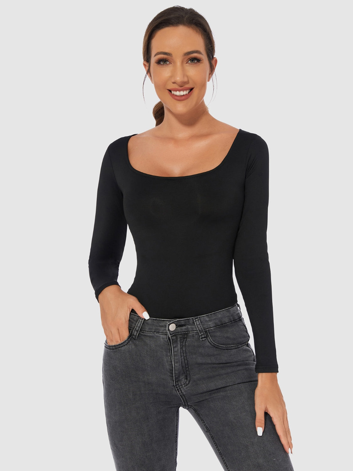 Women's White Long Sleeve Scoop Neck Basic Bodysuit - Image 4