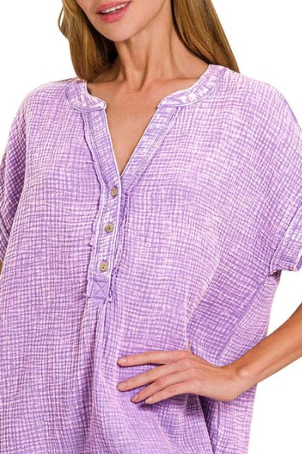 Zenana Washed Double Gauze Lavender Henley 3/4 Sleeve Shirt