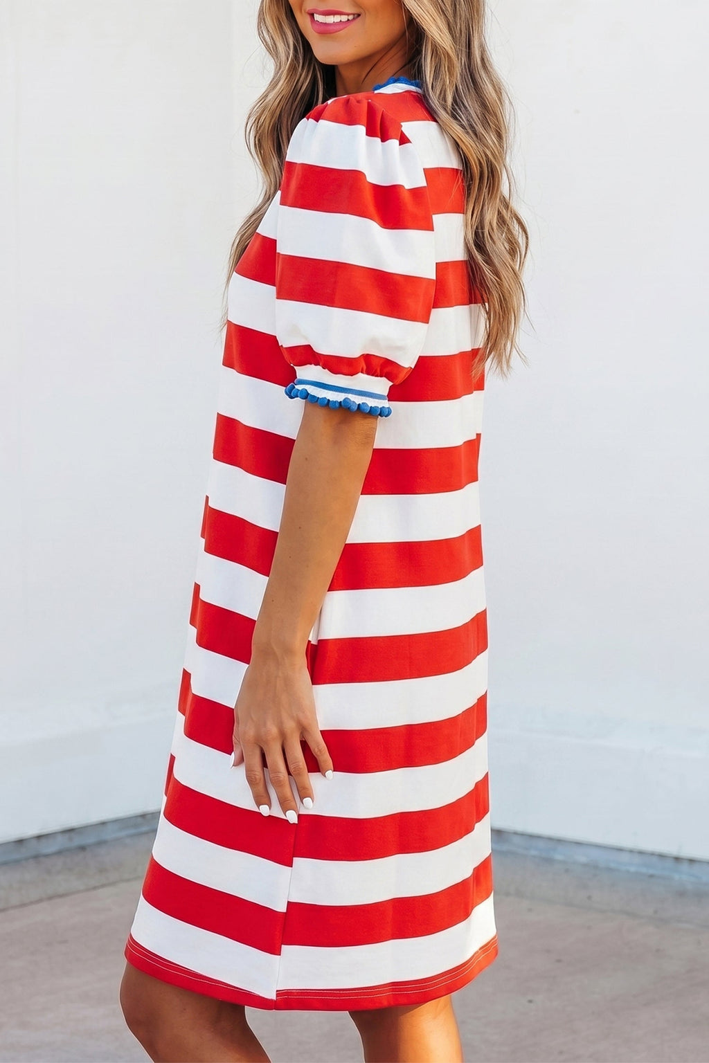 Miriam Striped Ruffled Shift Mini Dress in Red White and Blue