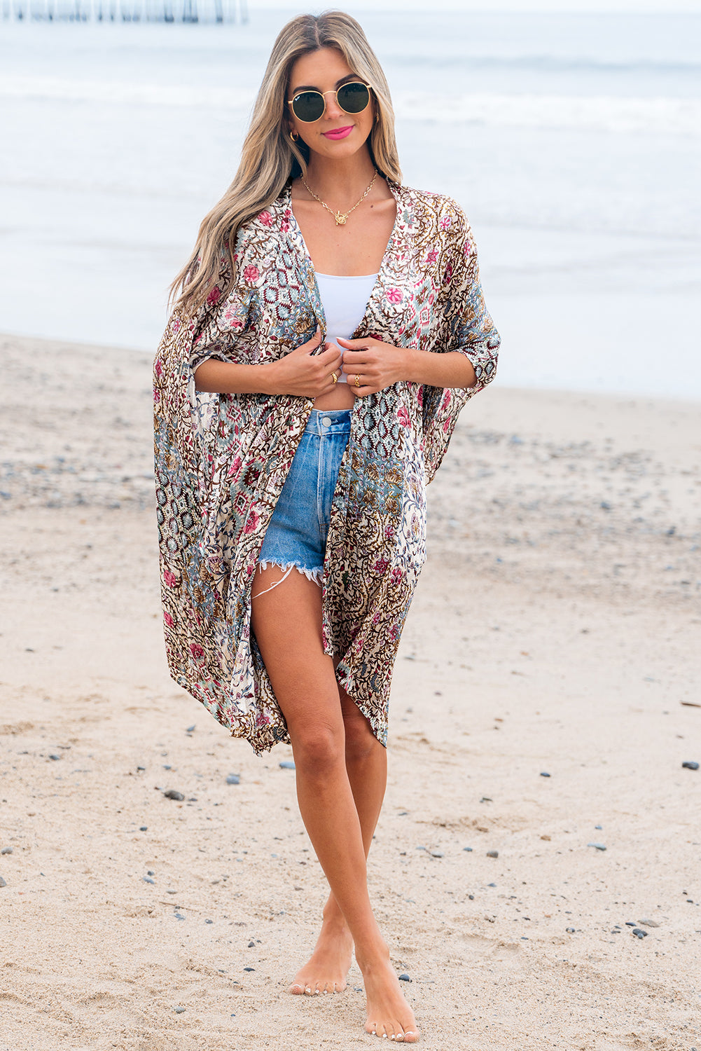 Apricot Floral Print Short Wide Sleeve Open Front Loose Kimono