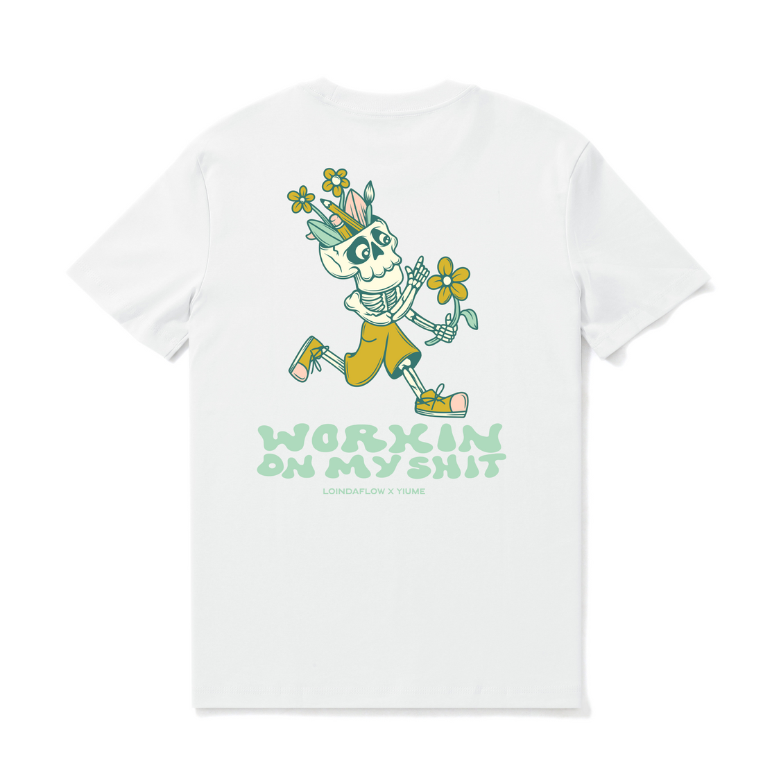 White graphic crew neck t-shirt with Working on Myself print