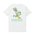 White graphic crew neck t-shirt with Working on Myself print