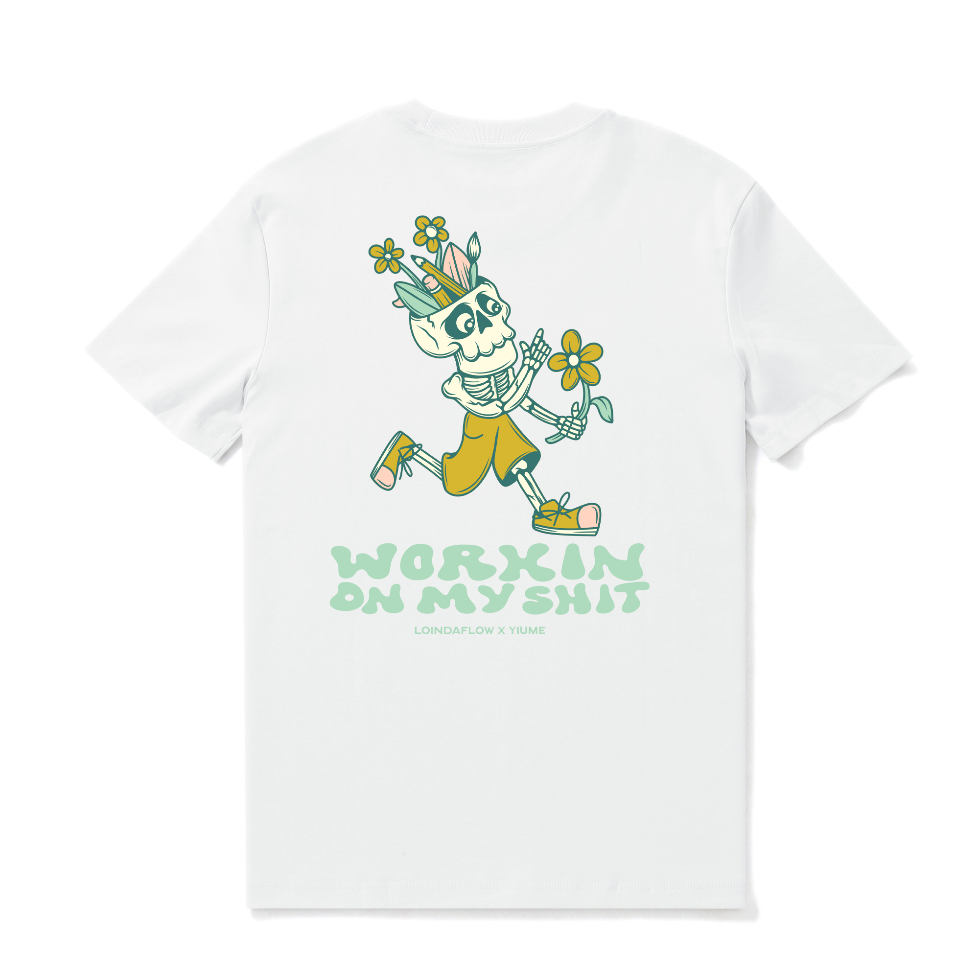 White graphic crew neck t-shirt with Working on Myself print