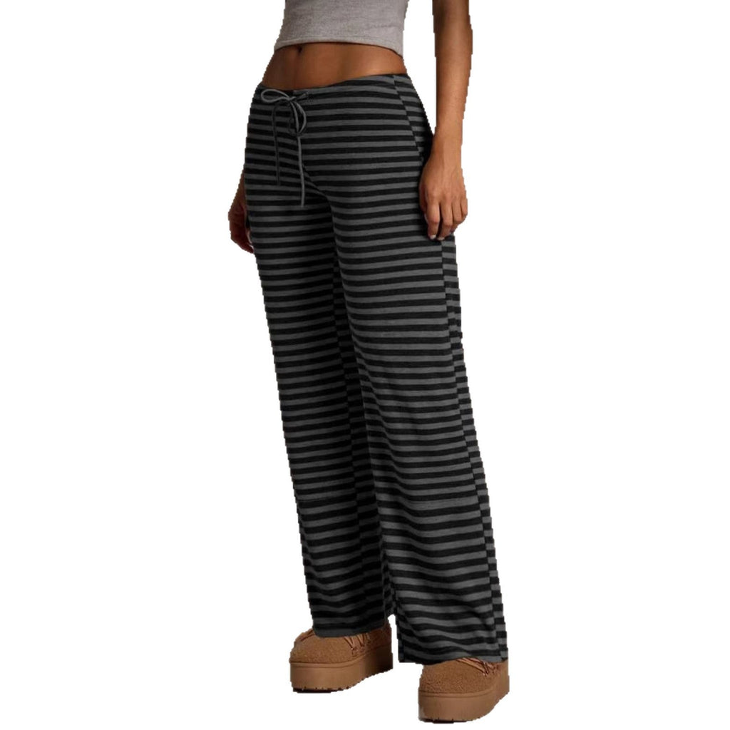 Women's Striped Wide Leg Flare Casual Pants Mid Rise Drawstring - Image 2