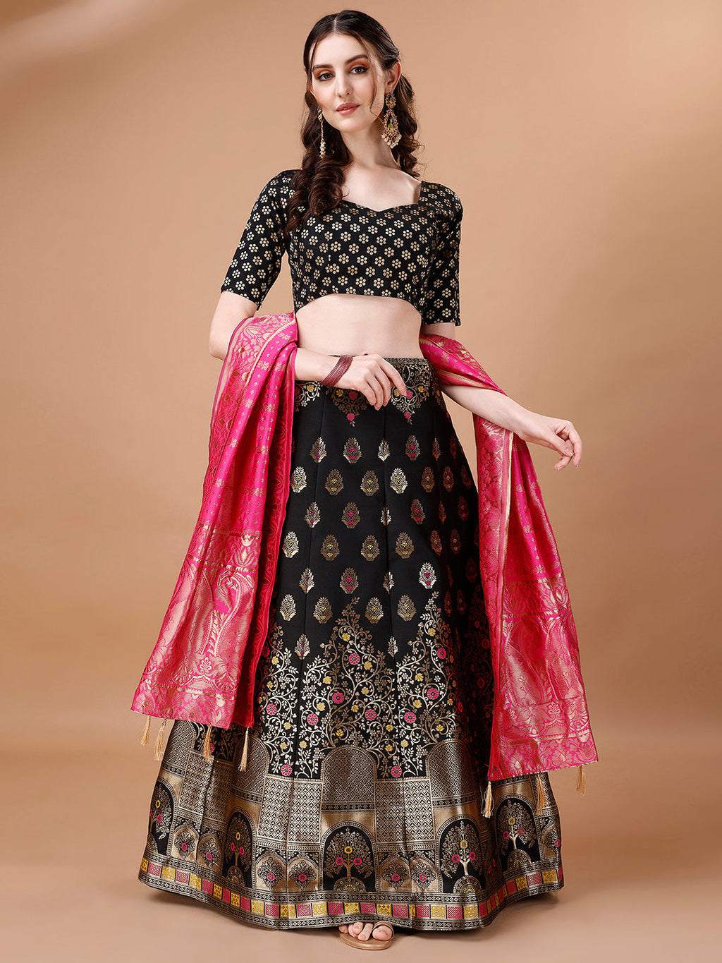 Black and pink semi-stitched lehenga set with 2.5m flare and matching dupatta