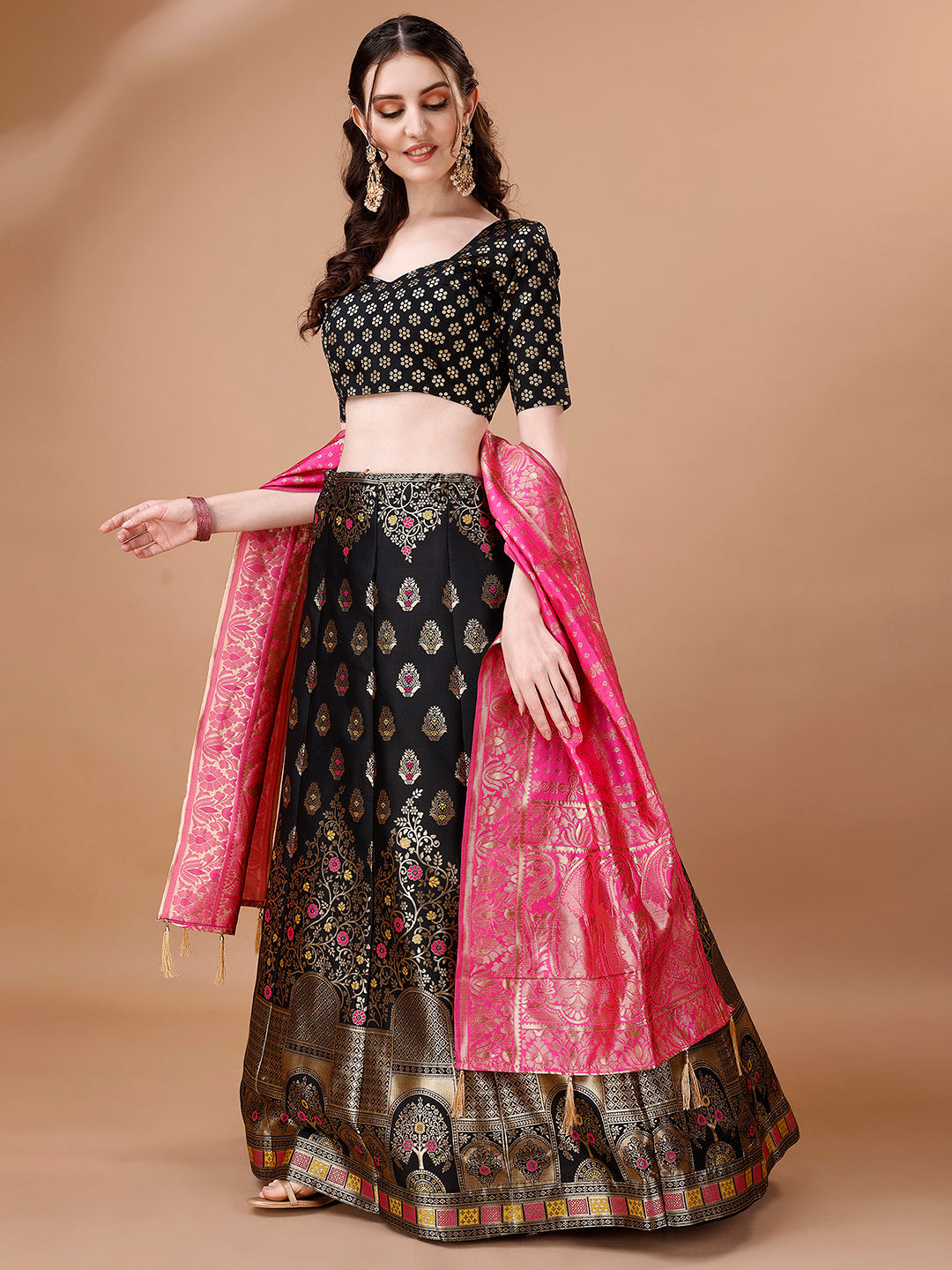 Black & Pink Semi-Stitched Lehenga with Unstitched Blouse