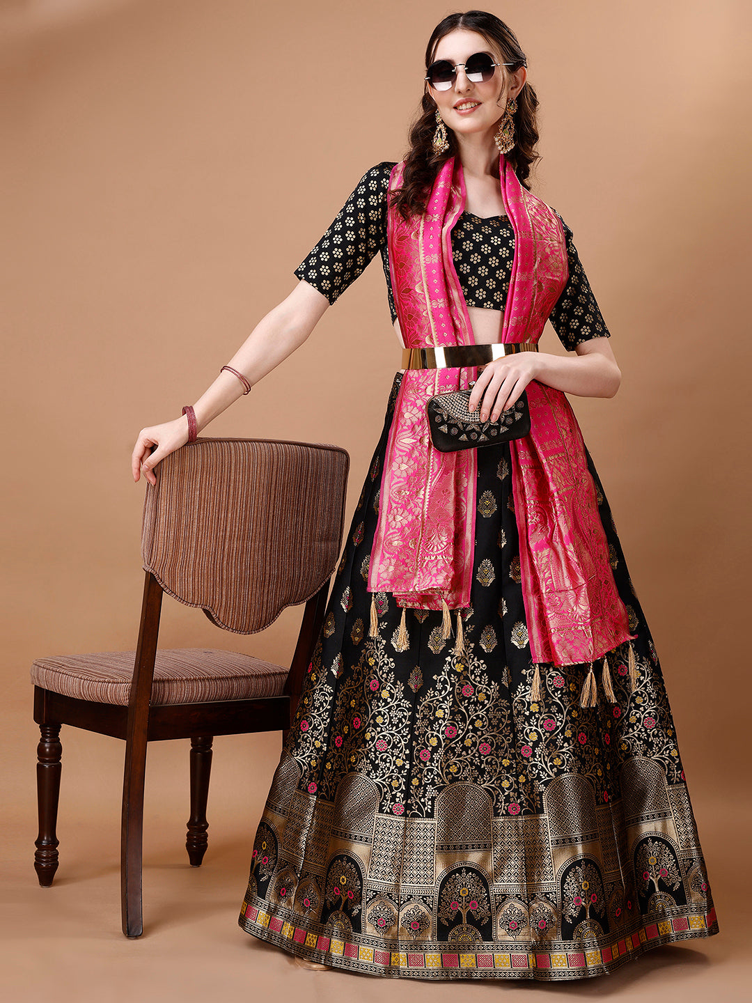 Black & Pink Semi-Stitched Lehenga with Unstitched Blouse