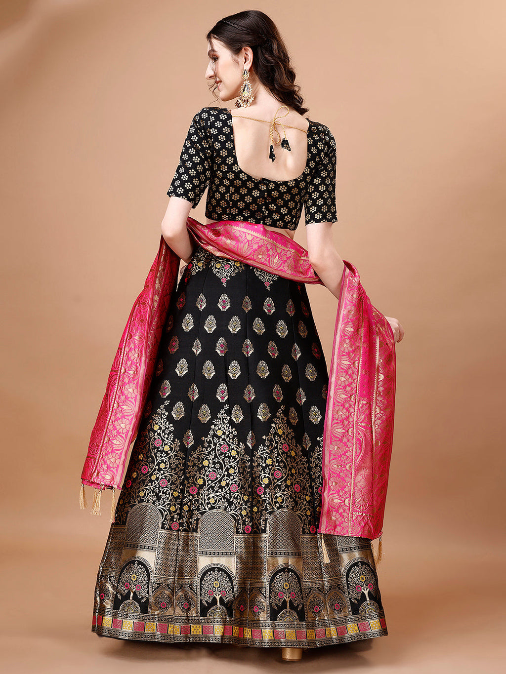 Black & Pink Semi-Stitched Lehenga with Unstitched Blouse