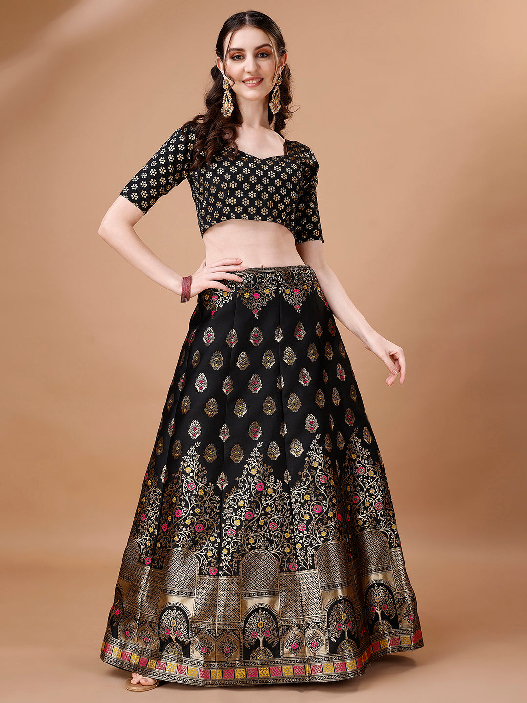 Black & Pink Semi-Stitched Lehenga with Unstitched Blouse