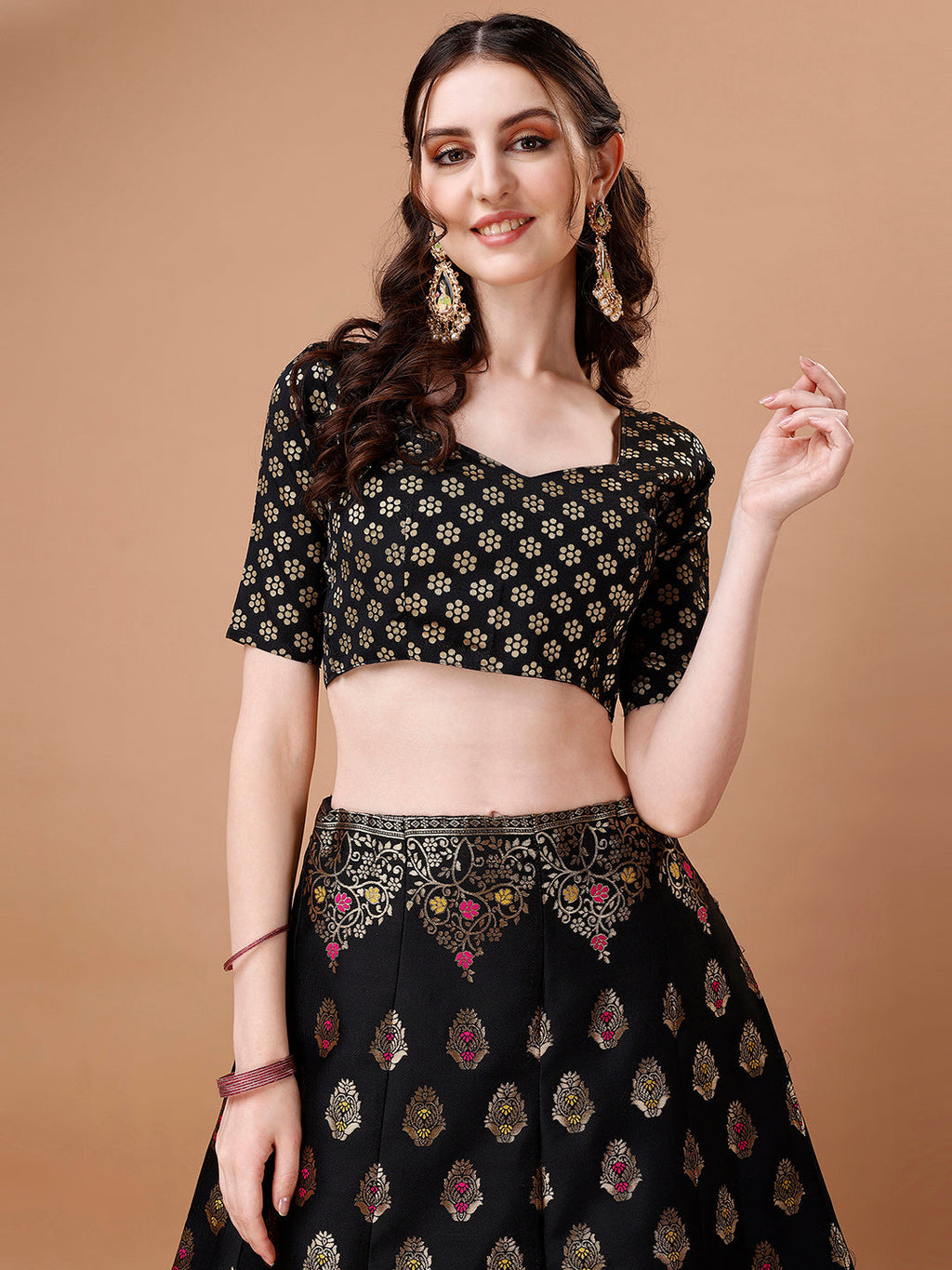 Black & Pink Semi-Stitched Lehenga with Unstitched Blouse
