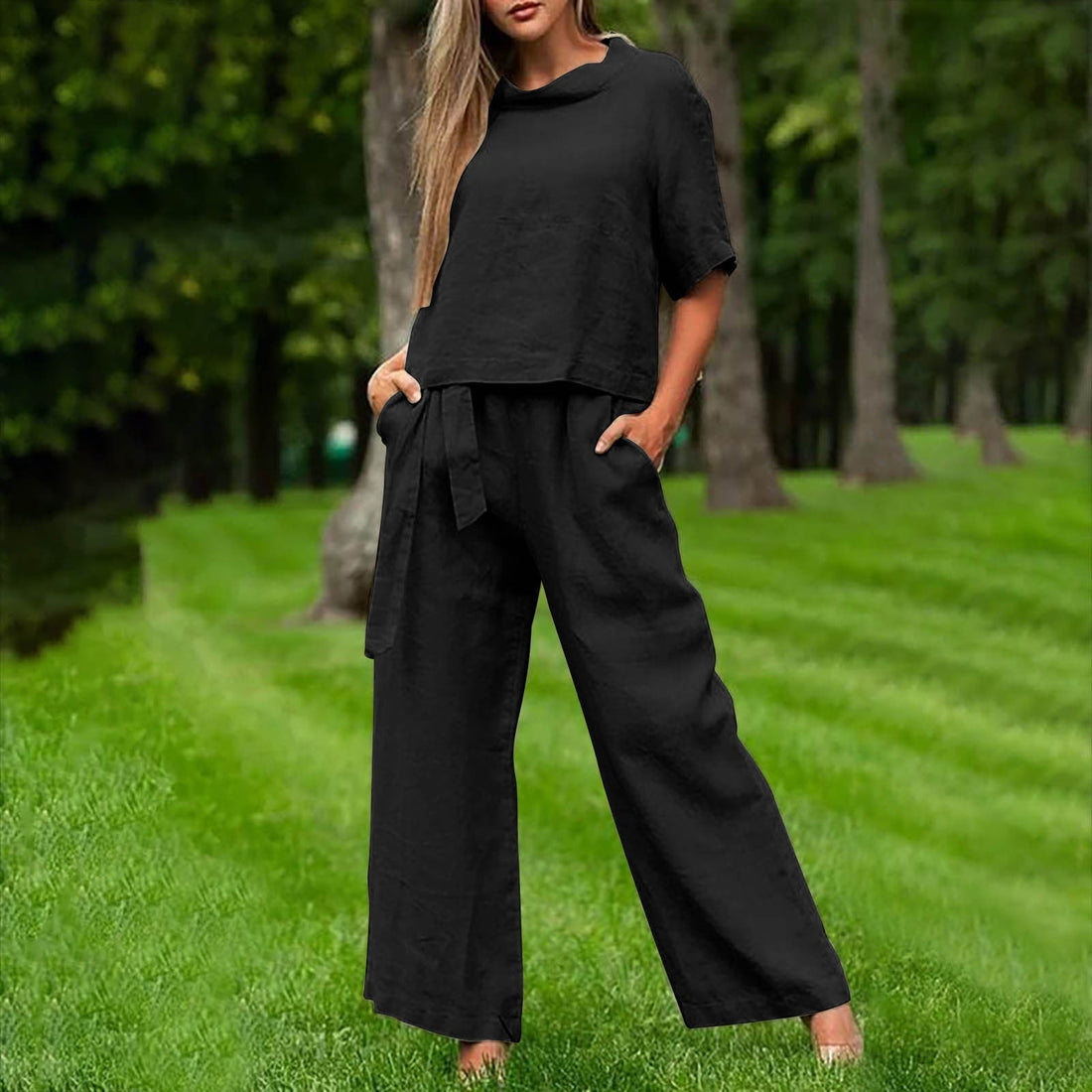 Women's Round Neck 3/4 Sleeve Top and Wide Leg Pant Set - Image 4