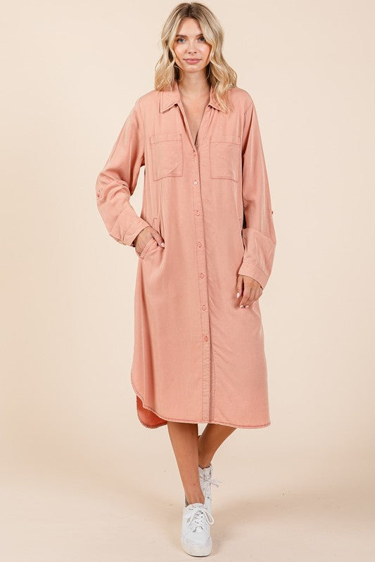 Women's Long Sleeve Button Down Shirt Dress in Dusty Rose