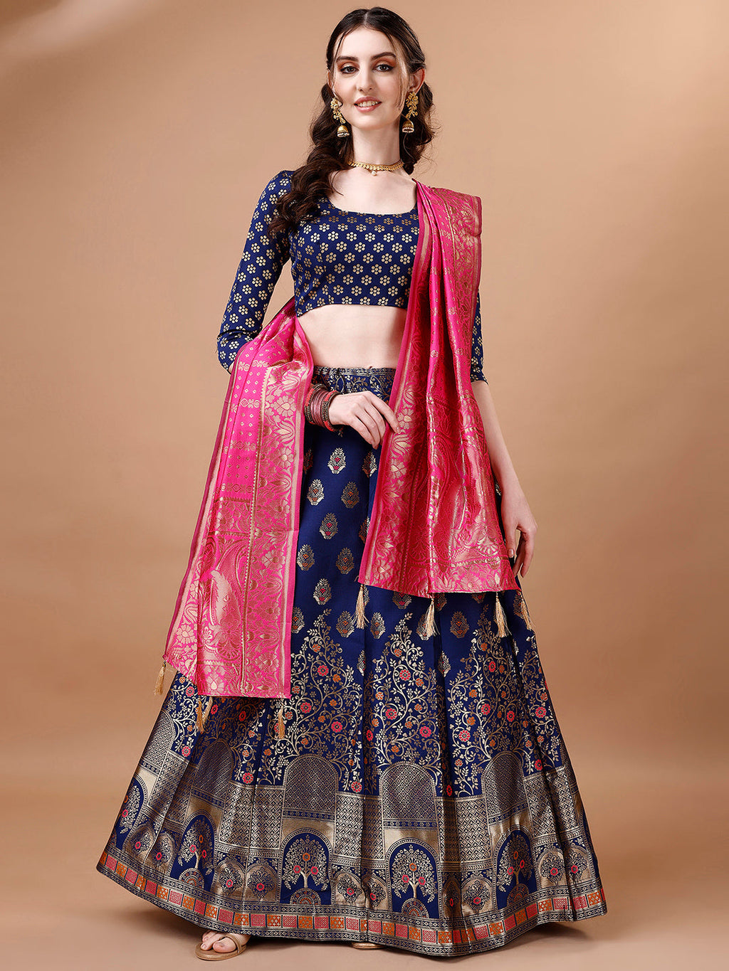 Blue and pink semi-stitched lehenga set with generous flare and unstitched blouse piece