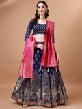 Blue and pink semi-stitched lehenga set with generous flare and unstitched blouse piece