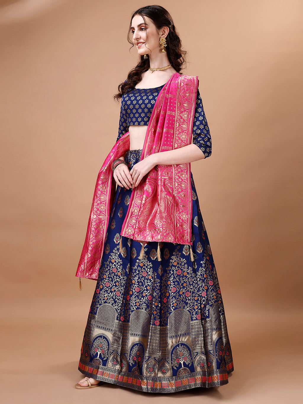 Blue & Pink Semi-Stitched Lehenga Set with Dupatta