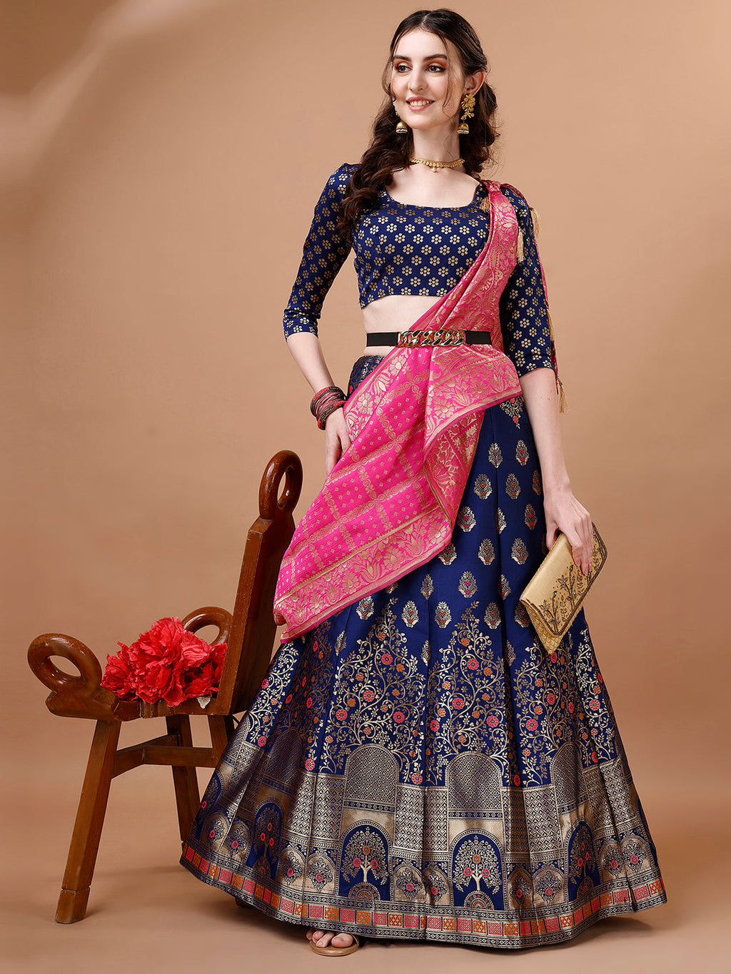 Blue & Pink Semi-Stitched Lehenga Set with Dupatta