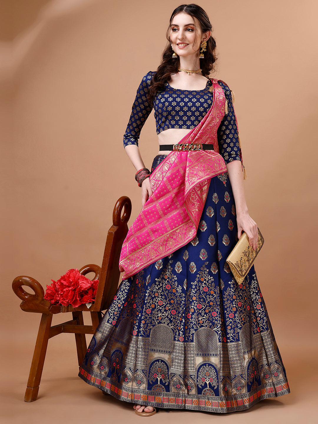 Blue & Pink Semi-Stitched Lehenga Set with Dupatta