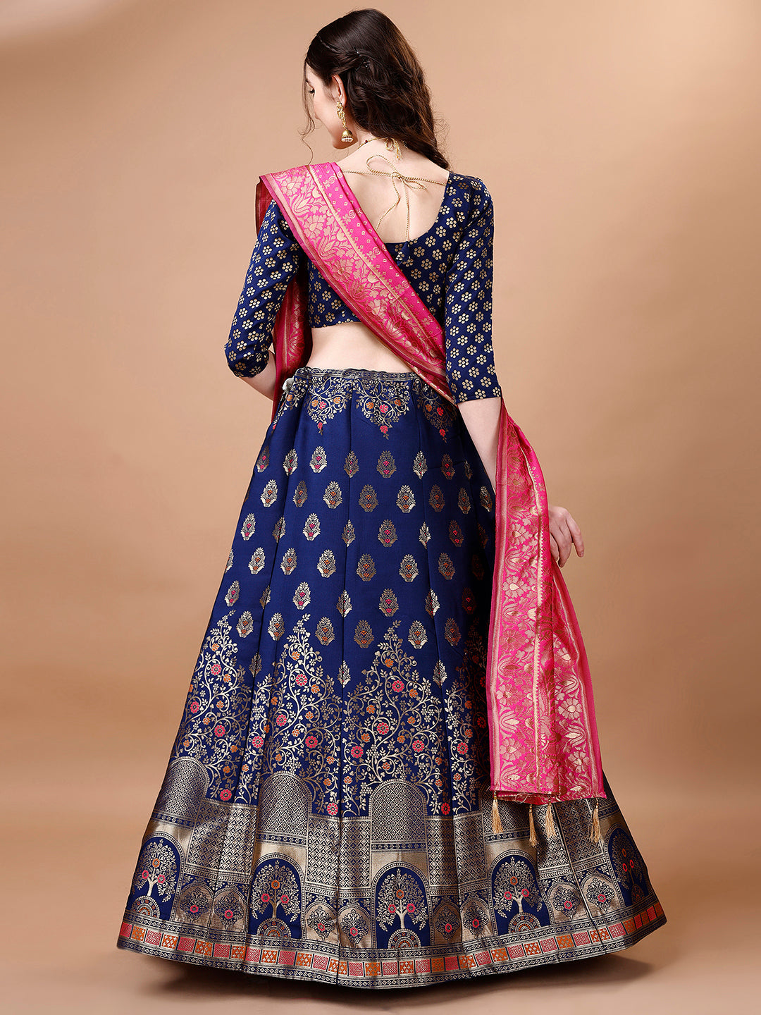 Blue & Pink Semi-Stitched Lehenga Set with Dupatta