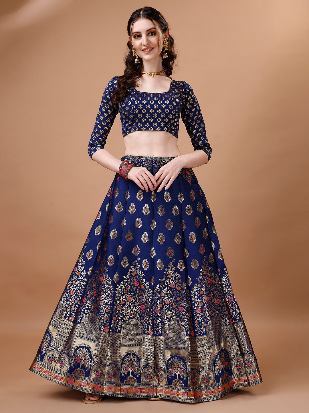 Blue & Pink Semi-Stitched Lehenga Set with Dupatta