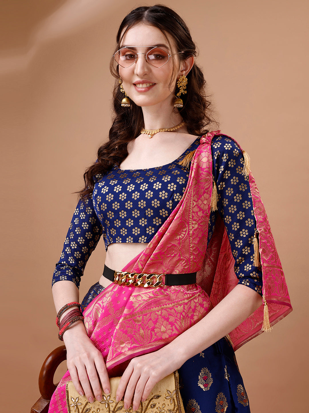 Blue & Pink Semi-Stitched Lehenga Set with Dupatta
