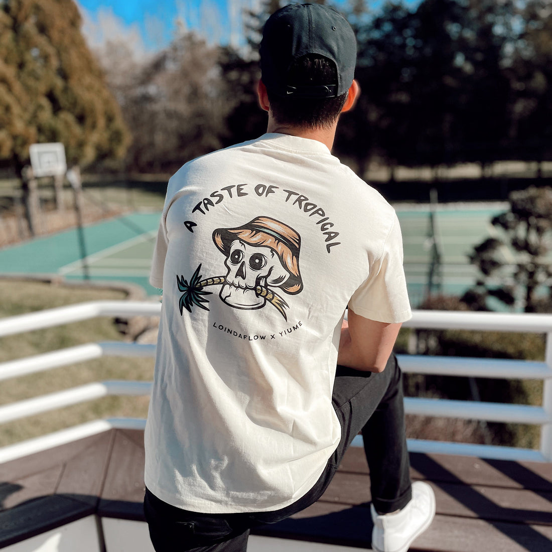 Tropical Graphic Print Crew Neck T-Shirt in Beige - 100% Cotton