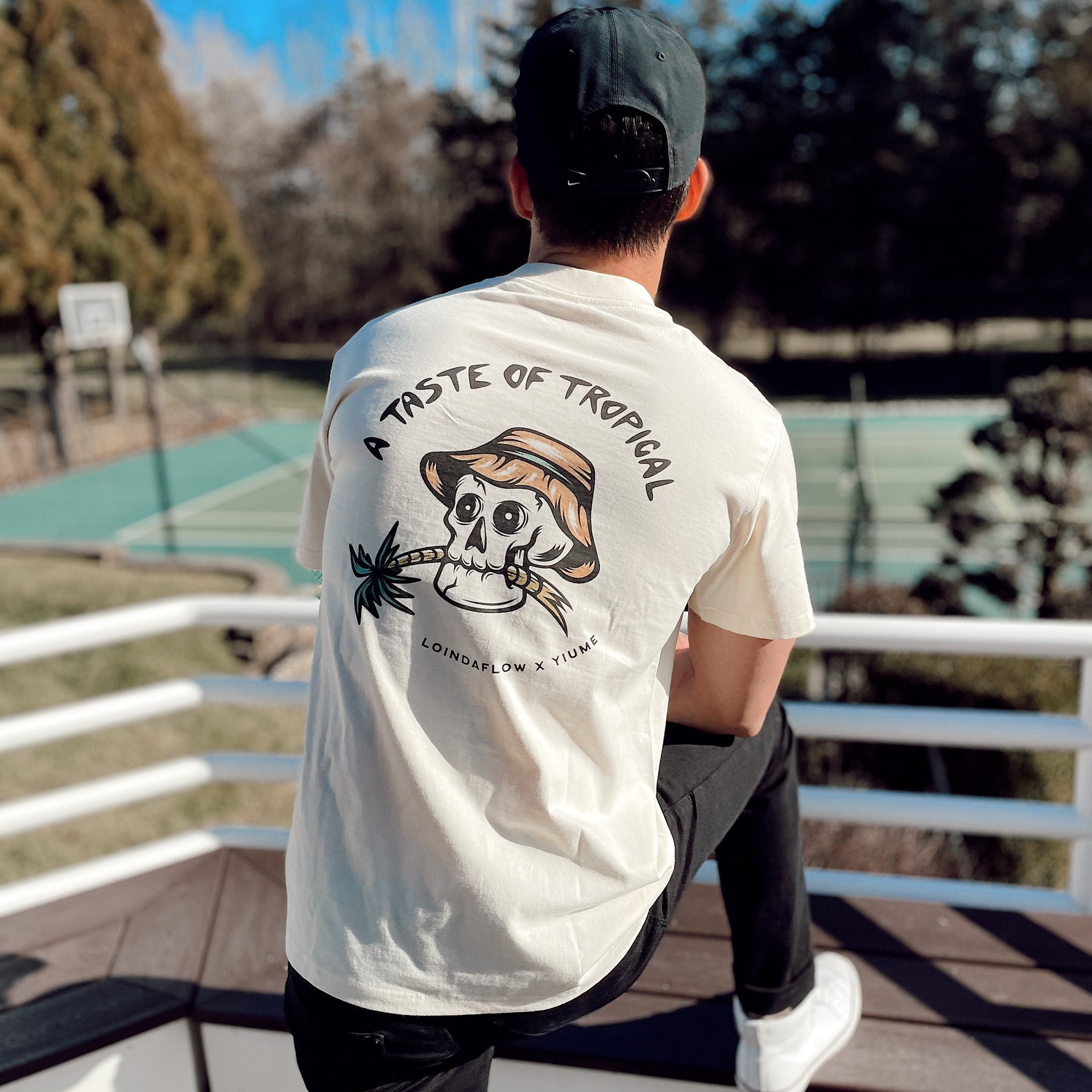 Tropical Graphic Print Crew Neck T-Shirt in Beige - 100% Cotton