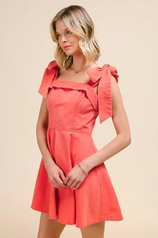 SO ME Fit and Flare Washed Denim Gameday Dress - Coral