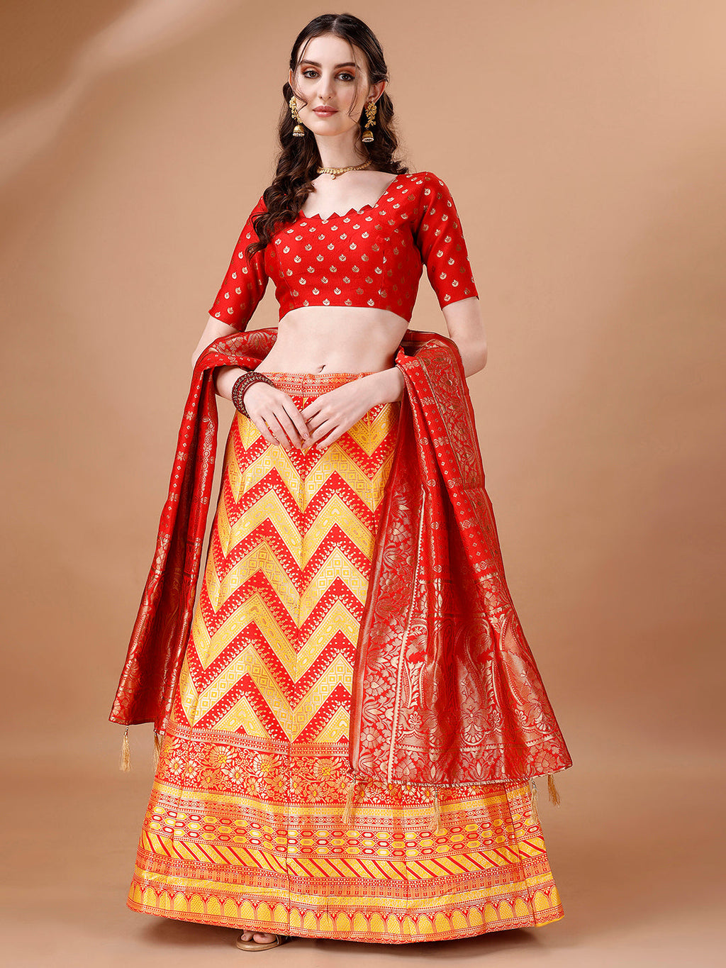 Vibrant yellow and red semi-stitched lehenga with 2.5m flare and matching dupatta
